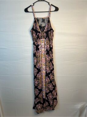 Free People That Moment Ruffle Smocked Lace Trim Maxi Dress Black Combo S 133